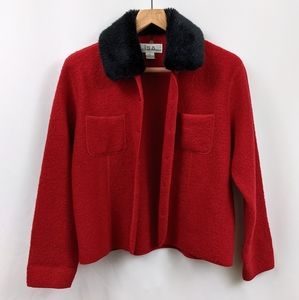 Boiled Wool Jacket Removable Faux Fur Collar Button Front Vintage Y2K Red Large